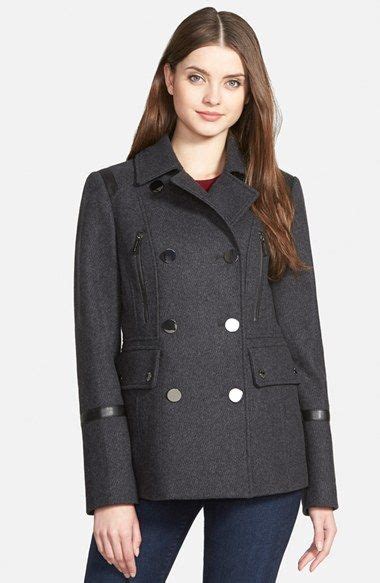 michael kors faux leather trim wool blend peacoat